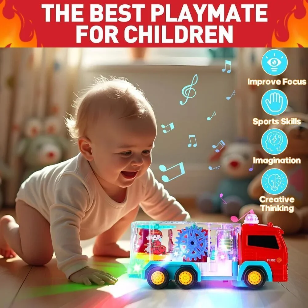 Kids Red LED Transparent Bump Car with Rotating Gear Cool Lights and Musical